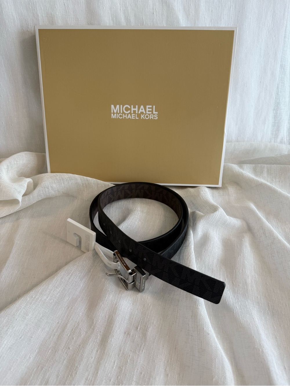 Michael Kors Black and Brown Signature Belt with Silver Buckle